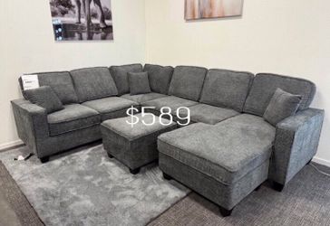 Gray Fabric Sectional Sofa witu chaise & Ottoman