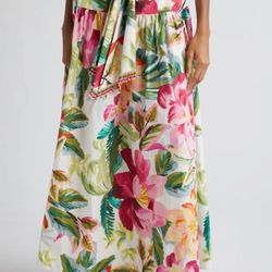 NWT FARM Rio Painted Flowers Belted Cotton Maxi Skirt Sz M