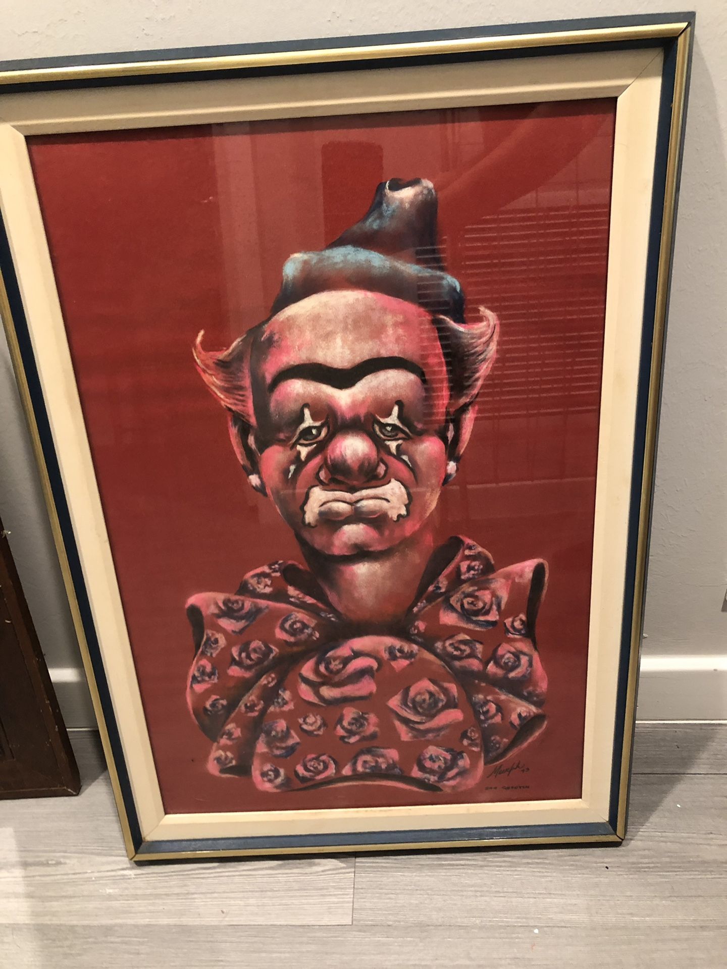 vintage painted picture clown under glass in 1973, size 20x27.
