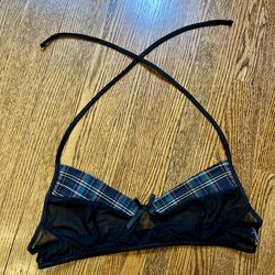 Avidlove Black Mesh Halter Bra with green plaid and black bow embellishment XL 