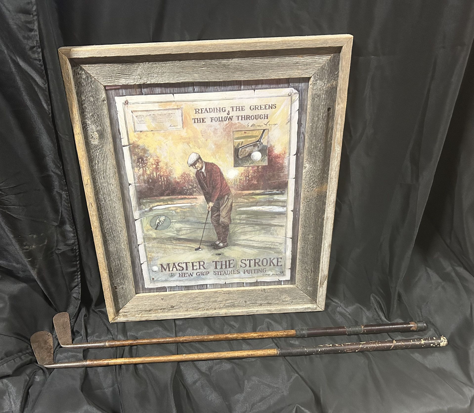 Vintage Wooden Golf Clubs And Framed Golf Pic!