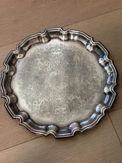 Silver-Tone Engraved Decorative Serving Tray