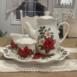 Princess House Set Marbella De Navidad teapot, coffee creamer, sugar caddy  