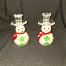2 Snowman Glass Candle Holders