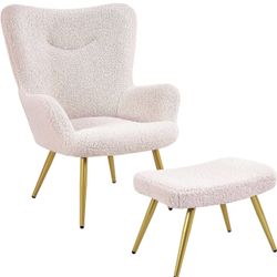 Accent Chair and Ottoman Set, Sherpa Armchair with Golden Metal Legs and High Back, Footstool for Living Room, Lounge, Pink
