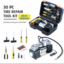 HEAVY DUTY 12V Portable Air Compressor Car Tire Inflator w 30pc Tire Repair Kit