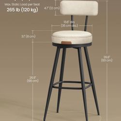 2x VASAGLE 30" Swivel Bar Height Bar Stools w/ Back Leather Stitching Mid-Century Modern - Cream White