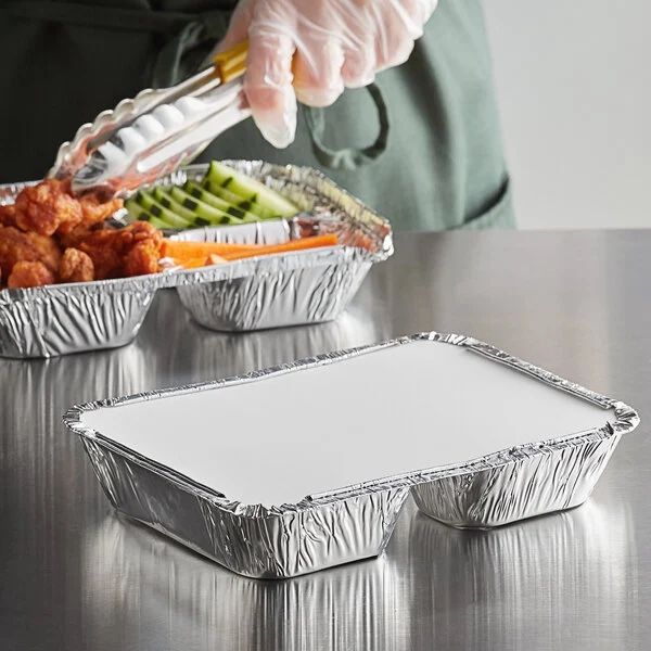 Choice 8 1/2"x 6 3/8" 3-Compartment Oblong Foil Take-Out Container with Board Lid - 250/Case