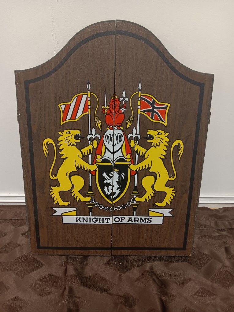 Vintage Knight of Arms Wood Dart Board Cabinet Set 21” w/ darts