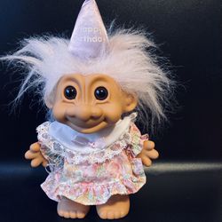 RUSS Vintage Toy Troll Gnome Doll Birthday Party Girl Pink Hair Dress Hat