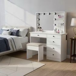 5-Drawers Pearl White Makeup Vanity Set with Stool, LED Mirror, Charging Station and 3-Tier Shelves 