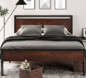 SHA CERLIN 14 Inch Full Size Metal Platform Bed Frame with Wooden Headboard and Footboard, Mattress Foundation, No Box Spring Needed, Large Under Bed 