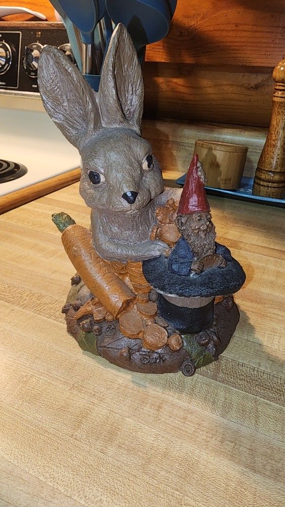 Authentic Signed Tom Clark Haredini & Trickx Gnome and Bunny Sculpture Hand Carved Decor