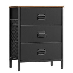 Dresser for Bedroom, Storage Organizer Unit with 3 Fabric, Chest, Steel Frame, for Living Room, Entryway, Rustic Brown and Black UL