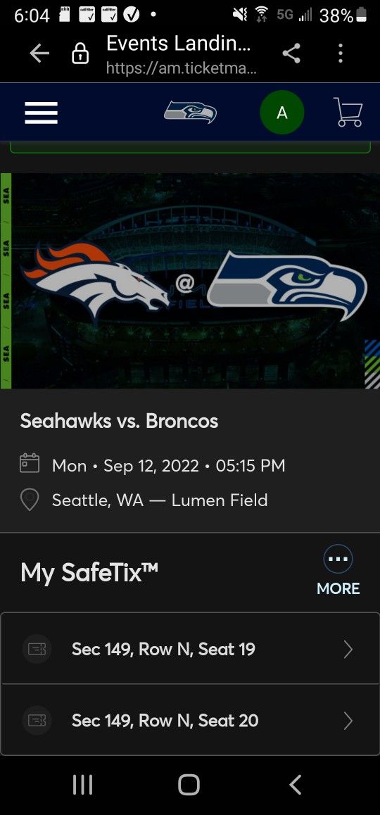 Seahawks Broncos 2 Tickets 200$ Each Sec 149 Row 3
