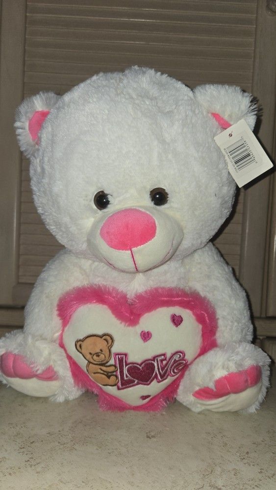 16" Qulity Plush Toys GiftsTalking Teddy Bear Holding Heart Says "I Love You" at Press of the Paw (Pink & White) and 1 Pink Heart P