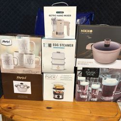 glass barware , Dutch Oven 10”, Hand Mixer, Coffee Mug Set, Food Steamer, Egg Steamer& Strainer