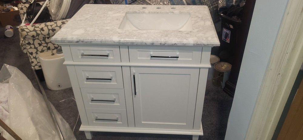 OVE Decors Tahoe 36" White Vanity with Carrara Marble Countertop