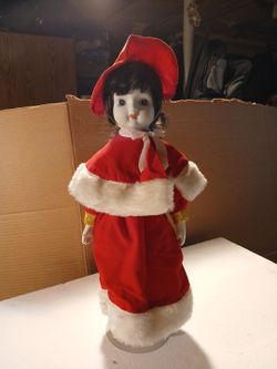 Porcelain Christmas Doll in Red Velvet Outfit