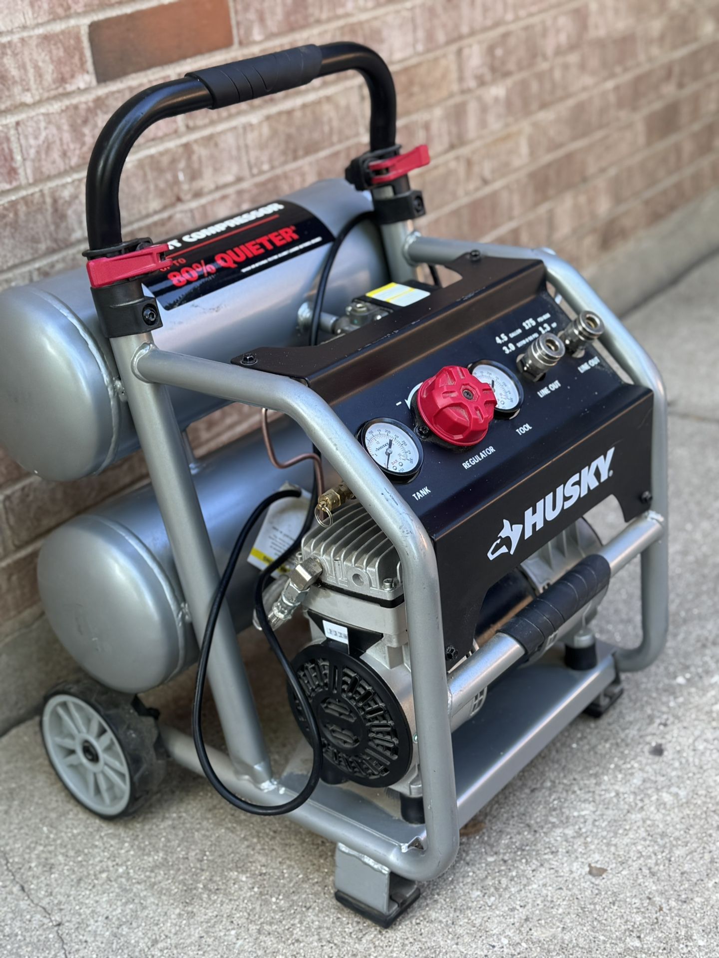 Husky 4.5 Gal. 175 PSI Portable Electric Oil-Free Quiet Twin Stack Jobsite Air Compressor w/Rubber Wheels