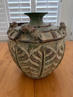 Heavy Decorative Pottery Leaf Motif Jar (Jug) with Handles