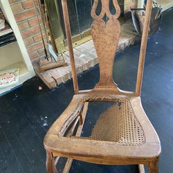 Antique Burl Walnut Wooden Rocking Chair, Cane Seating Needs Repairing