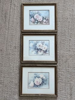 Vintage Cottage Floral Print Set (3) Gold Frames (Sonie Ames)