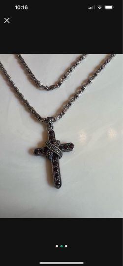 Silver Cross Pendant Necklace with Red Stones