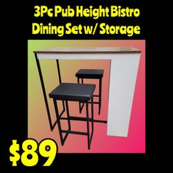 New 3Pc Pub Height Bistro Dining Set w/ Storage : Njft