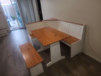 Dinner table and benches.