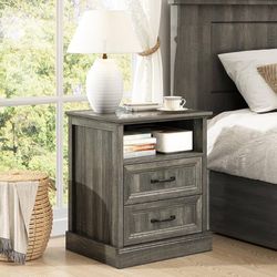 20" Farmhouse Nightstand, End Table with 2 Large Drawers & Open Storage, Side Table, Bedside Cabinet for Bedroom, Living Room, Grey