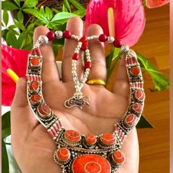 Vintage & Elegant Handcrafted Ethnic Style Statement Necklace Inlay With Tibetan Coral Set In Silver 19”inch & 126grams