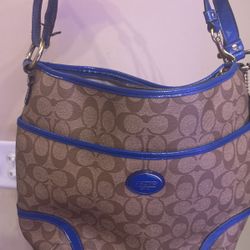 Coach Purse Genuine Leather- Tan and Royal Blue 