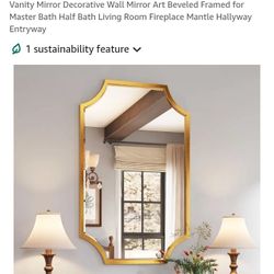 Kelly Miller 24"x36" Gold Mirror for Wall, Gold Scalloped Mirror Vanity Mirror Decorative Wall Mirror Art Beveled Framed for Master Bath Half Bath Liv