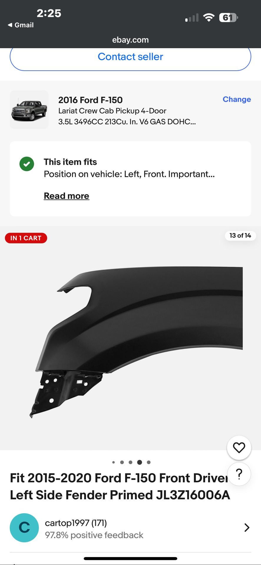 Front Driver Side Fender 2016 Ford F150