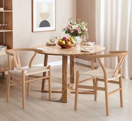 Set of 2 Natural Wood Wishbone Dining Chairs – Woven Seat