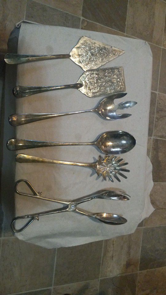Vintage Six Piece Studio Silver Smith Serving Set Silver Plated Solid And Cake Utensils
