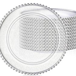 12 Pack Clear Charger Plates Bulk 13 Inch Plastic Round Beaded Dinner Chargers Acrylic Frosted Grain Decorative Service Plates for Wedding 