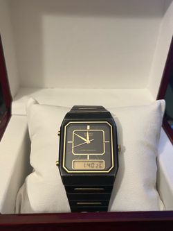 Rare Vintage Seiko H(contact info removed) (or H(contact info removed)) Ana-Digi "Tuxedo Pinstripe" Alarm Chronograph Black & Gold Quartz Watch