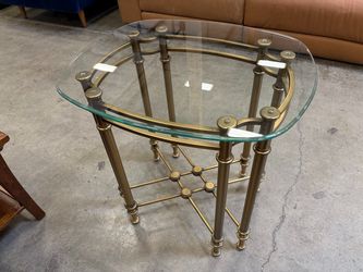 Oval Glass Top End Table with Crossed Brass Frame