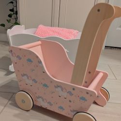 Moover Pink Wooden Unicorn Baby Doll Play Stroller 