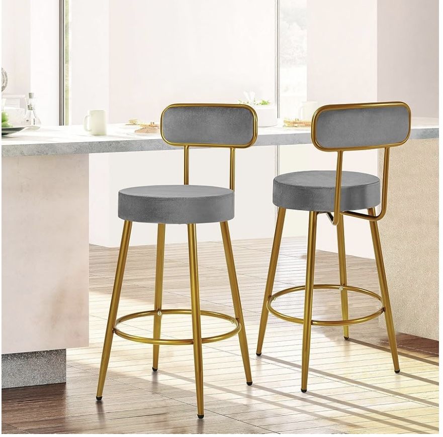 36"H Velvet High Bar Stools with Backrest and Footrest, Dark Gray