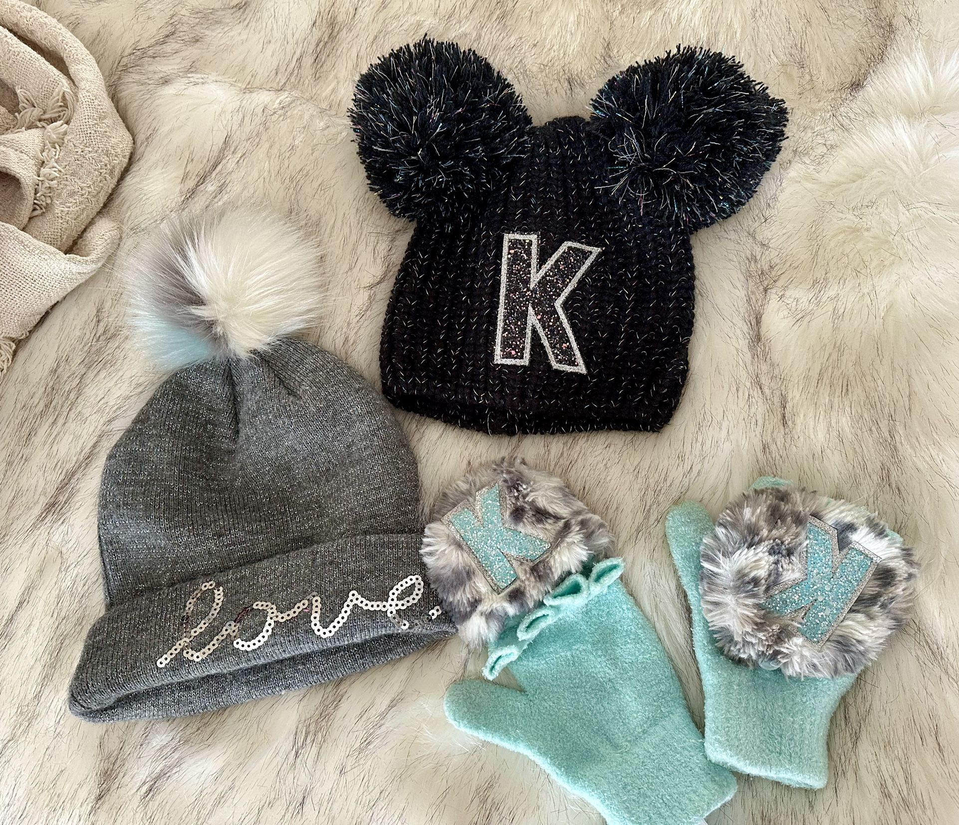 Justice Girls Teal & Gray Love/Black “K” Initial Beanies And Fingerless Gloves
