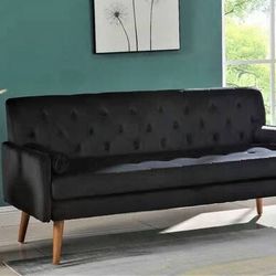 Black 68” Velvet Sofa With Bolster Pillows Included