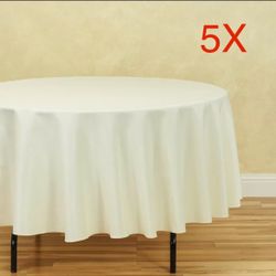 Brand New 5 Pcs Ivory 90 inch Round Polyester Table Cloth Tablecloth Table Cover Party Wedding Linen Easy laundering in your home washing machine, E