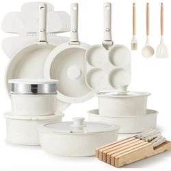 New Carote Non-Stick Cookware Set Removable Handles 33 pcs - Cream White