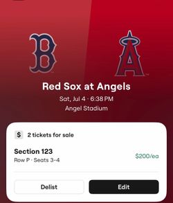 2 Tickets Red Sox vs Angels – July 4 Fireworks Night – Section 123