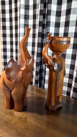 Hand-Carved Wooden Elephant Figurines Set of 2 #7
