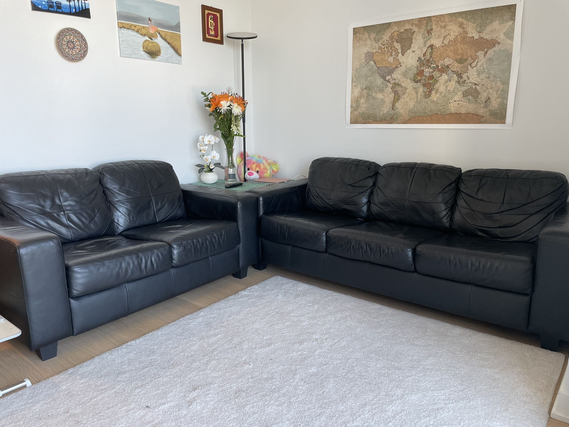 Set of 2 Black Leather Sofas