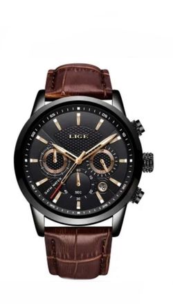 Aura Lux Chronograph LIGE Mahogany Dark Brown Leather Watch with Crocodile Mahogany Design